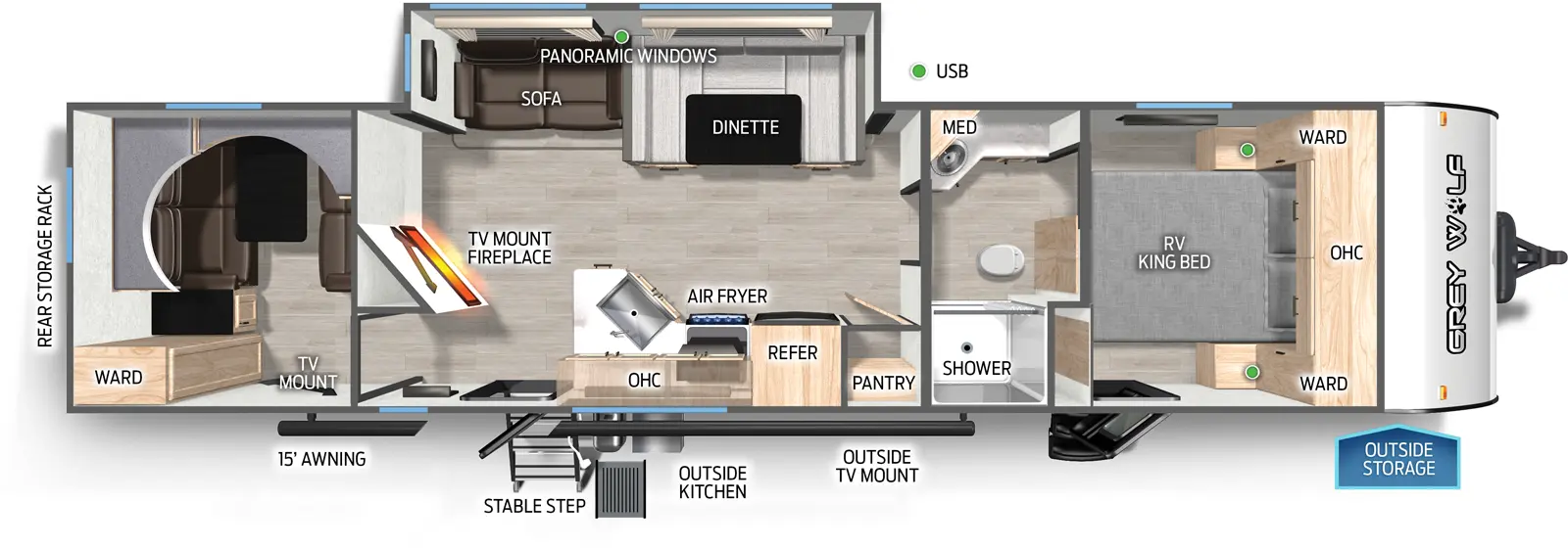 The Cherokee Black Label 29NMBL floorplan has two entries and one slide out. Exterior features include: fiberglass exterior, 15' awning and outside kitchen. Interiors features include: bunk beds, u-dinette, front bedroom and pass through bathroom.